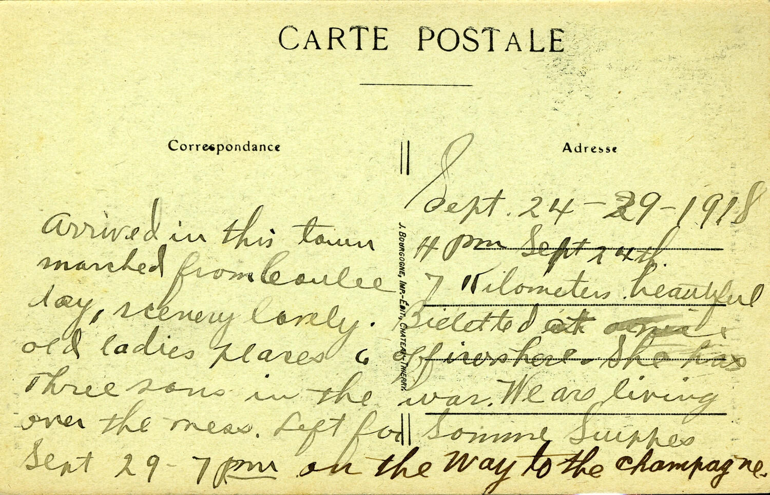 Handwritten WWI Soldier's Postcard Diary Entry, France, September 1918