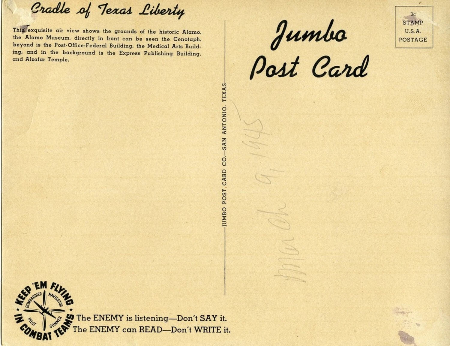 Reverse Side of WWII-Era 'Jumbo Post Card,' San Antonio, Texas, with 'Keep 'Em Flying' Security Slogan