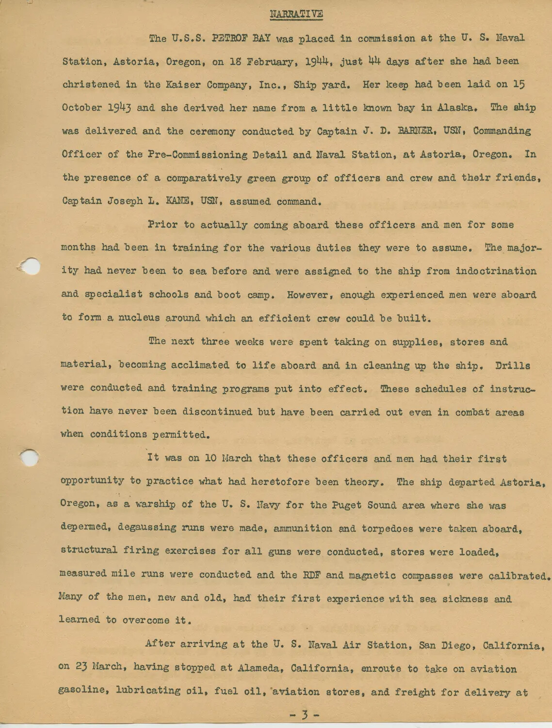 USS Petrof Bay (CVE-80) Ship's History Narrative, Page 3 -- Commissioning and Shakedown, 1944