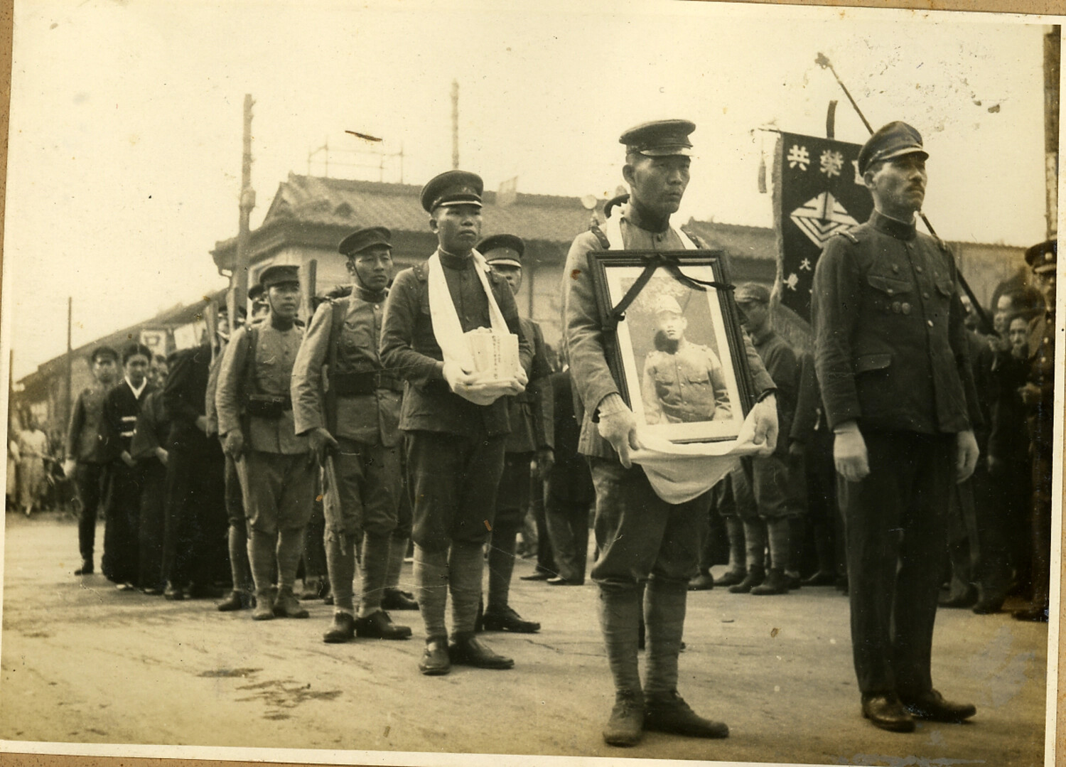 Japanese Military Funeral Procession with Memorial Portrait and Remains Box