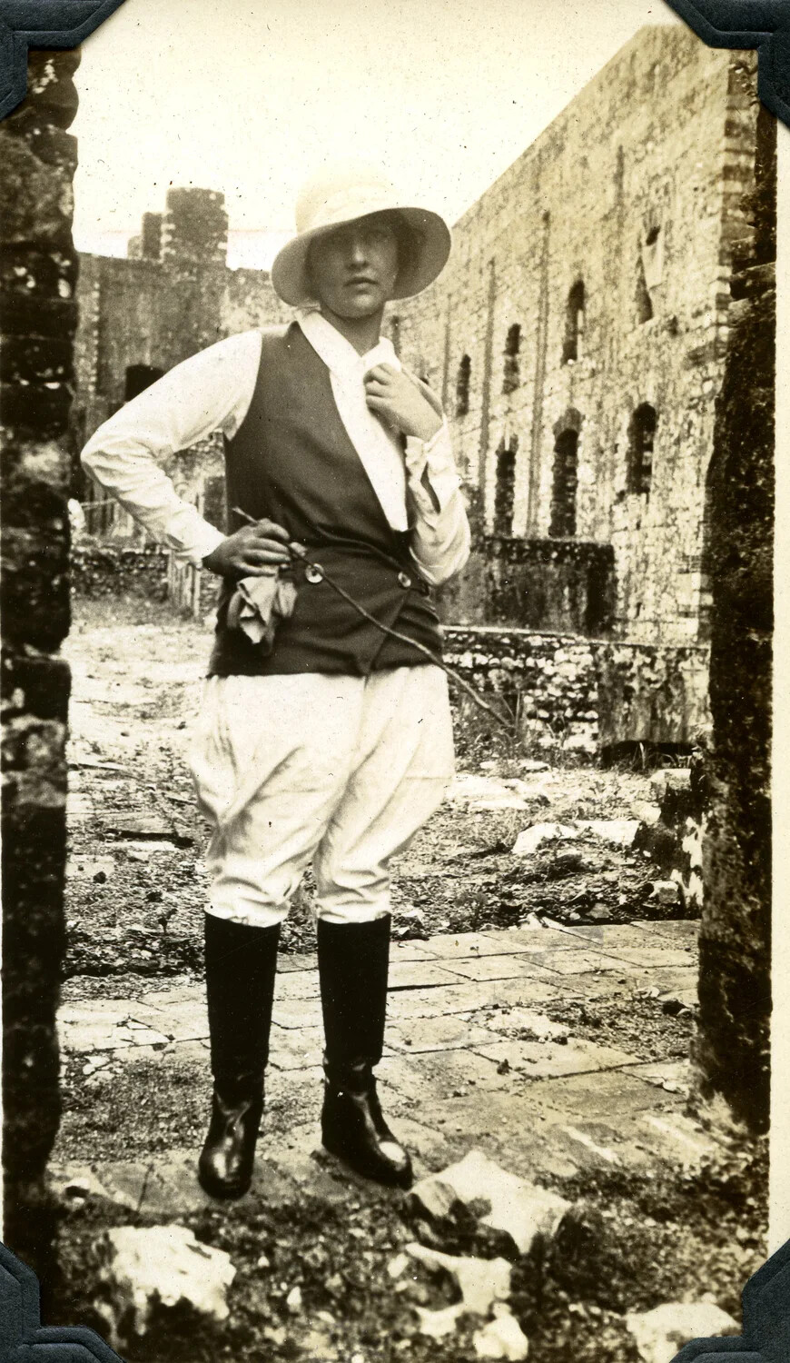Woman in Riding Attire Amid War-Damaged Ruins, WWI-Era Signal Corps Album