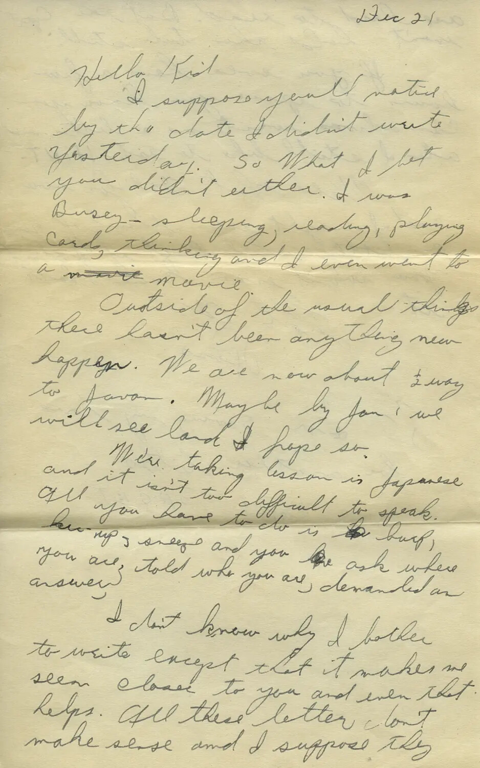 Handwritten WWII-Era Letter, 'Dec 21' - Page from the Moon/Sammiet Correspondence Collection