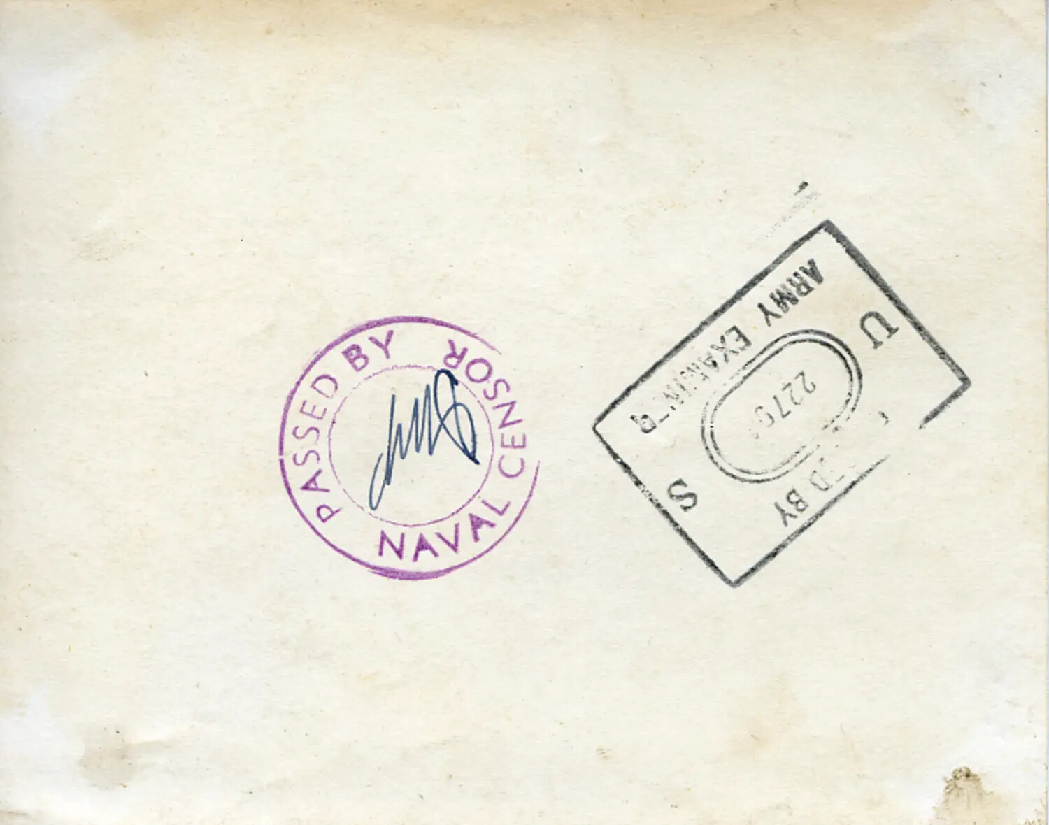 Verso of WWII Photograph with U.S. Naval and Army Censor Approval Stamps