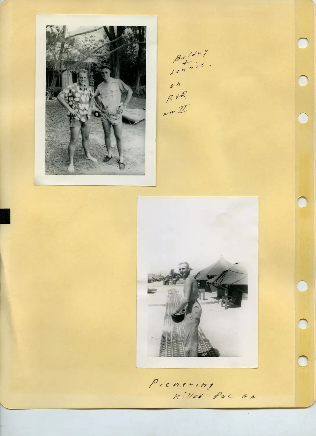 WWII Photo Album Page: Servicemen on R&R and Comrade 'Pickering,' Pacific Theater