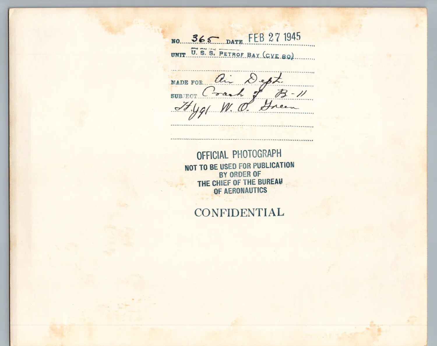 Caption Card, U.S.S. Petrof Bay (CVE-80), 27 February 1945 - Crash of Aircraft B-11, Lt(jg) W.O. Green