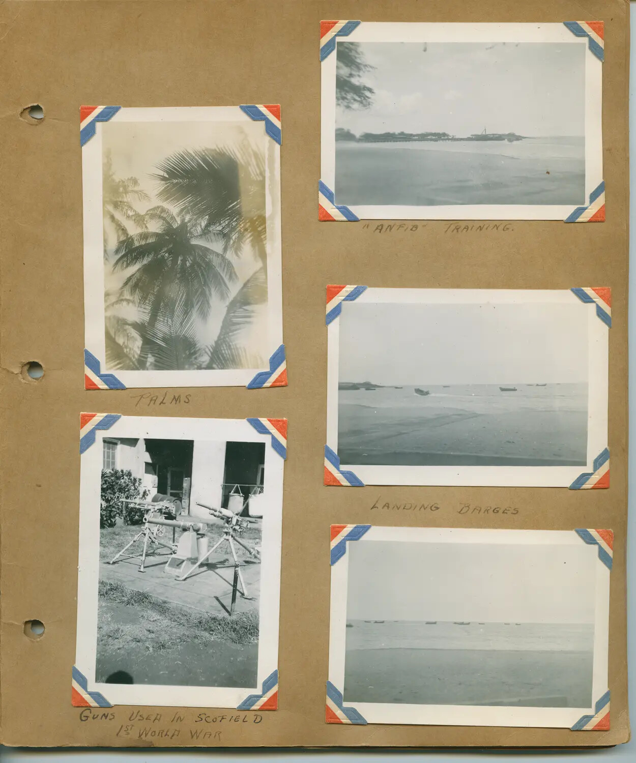 Album Page: Amphibious Training, Landing Barges, and WWI-Era Guns at Schofield Barracks, Hawaii