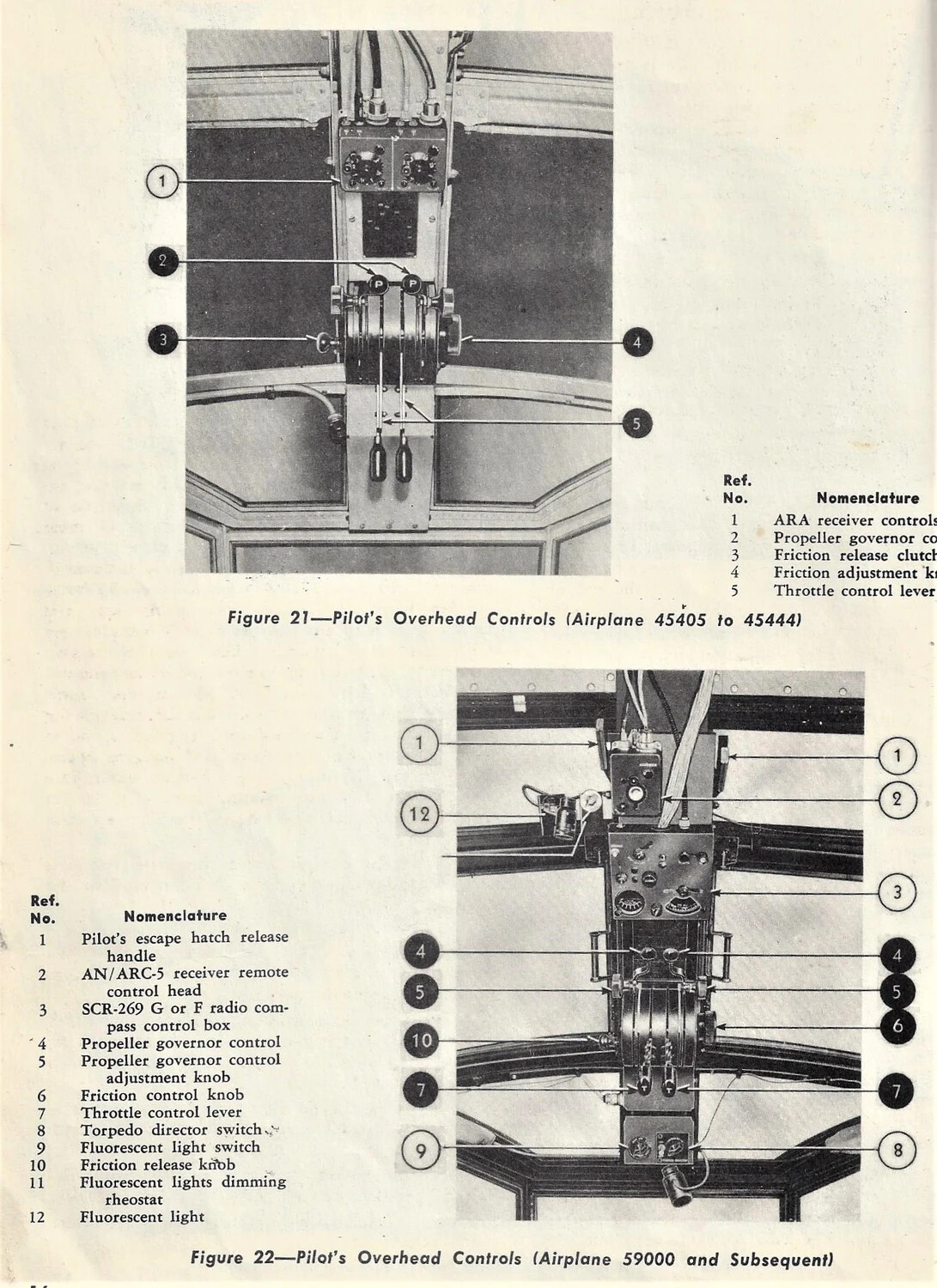 Pilot's Overhead Control Panel Diagrams, U.S. Navy Torpedo Bomber Technical Manual (TBM/TBF Avenger Type)