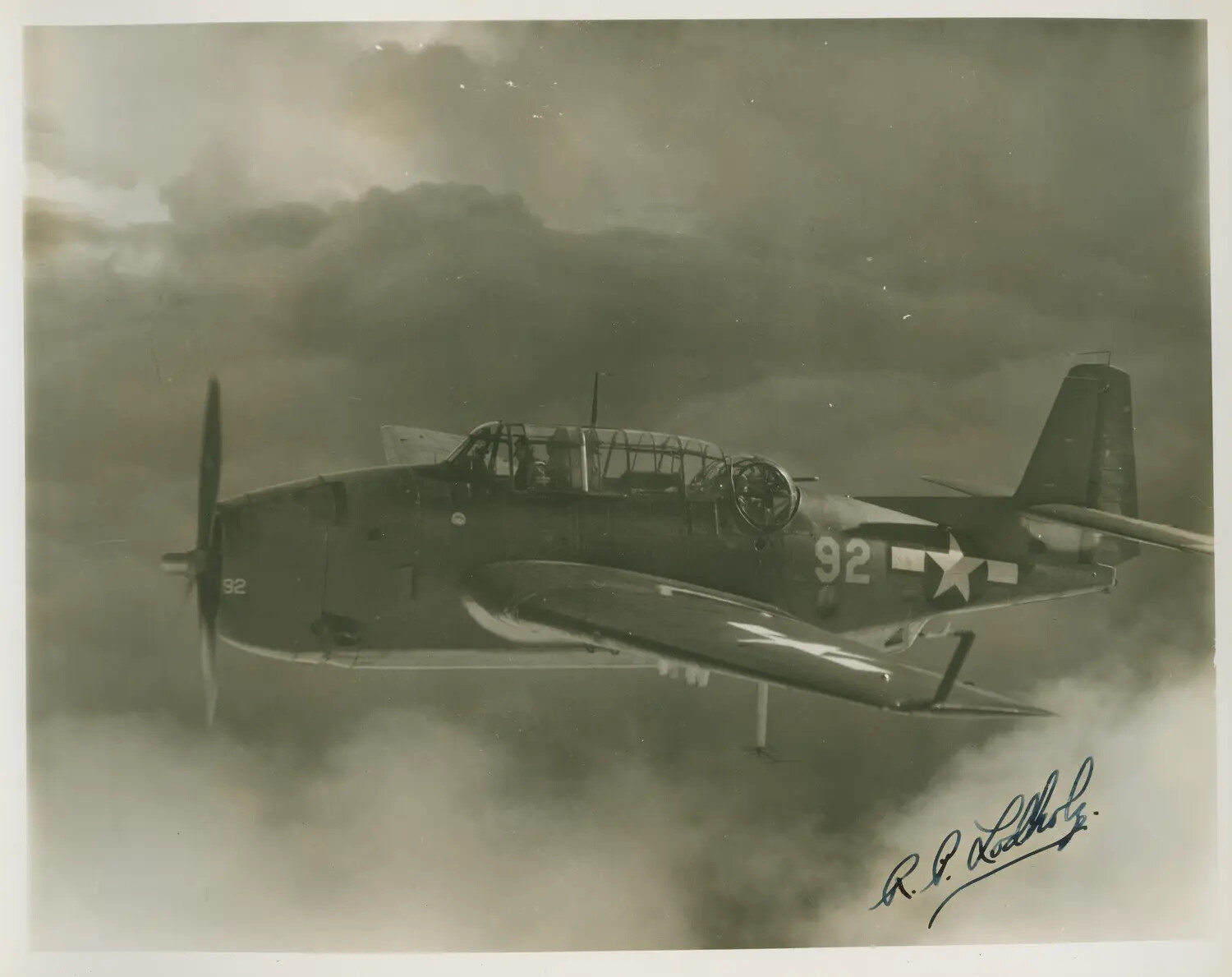 TBM/TBF Avenger Torpedo Bomber '92' in Flight Through Clouds, USS Petrof Bay (CVE-80) Air Group