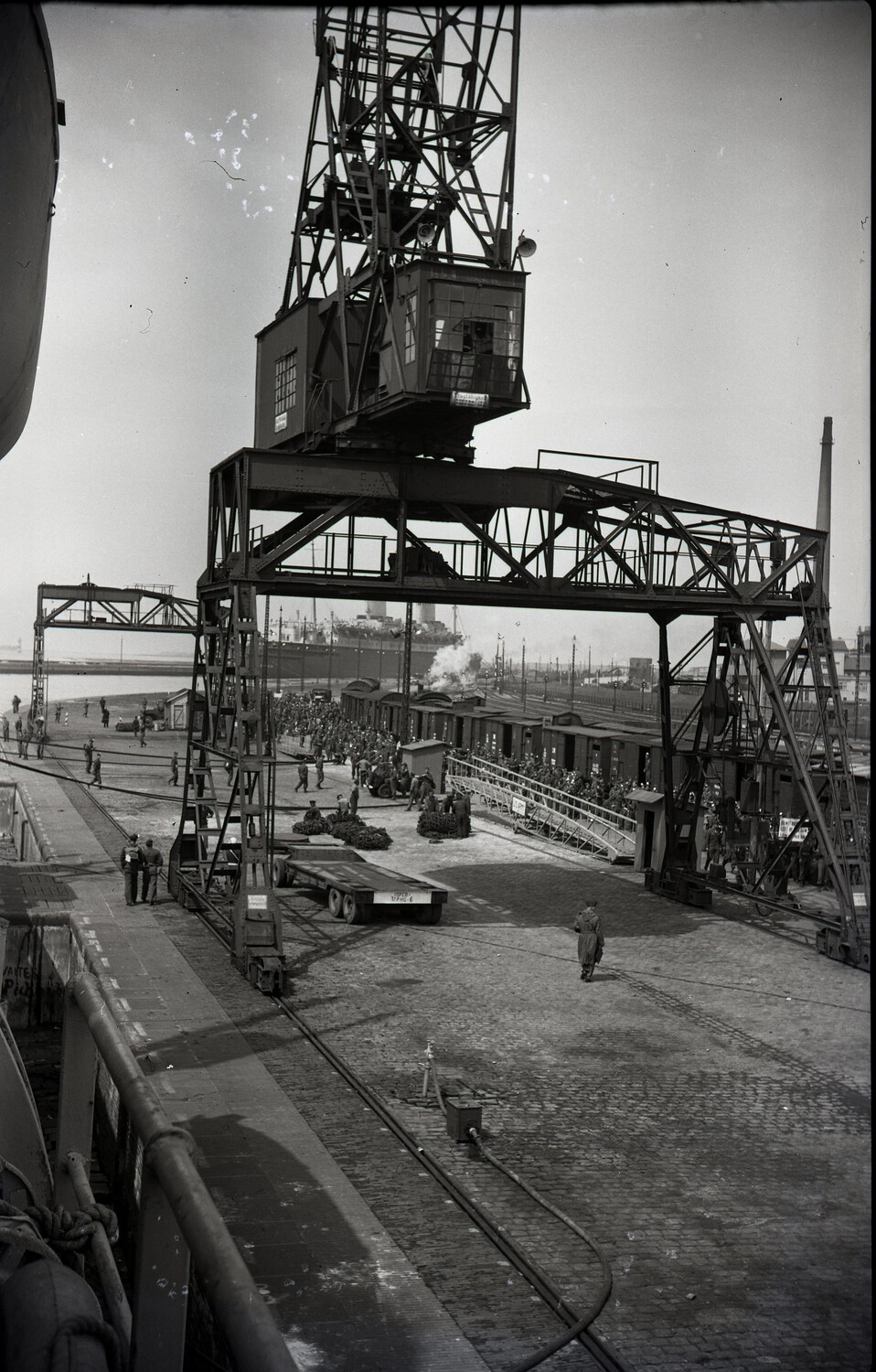 Dockside Crane and Troop Formations at the Port of Bremerhaven, Germany, WWII Era