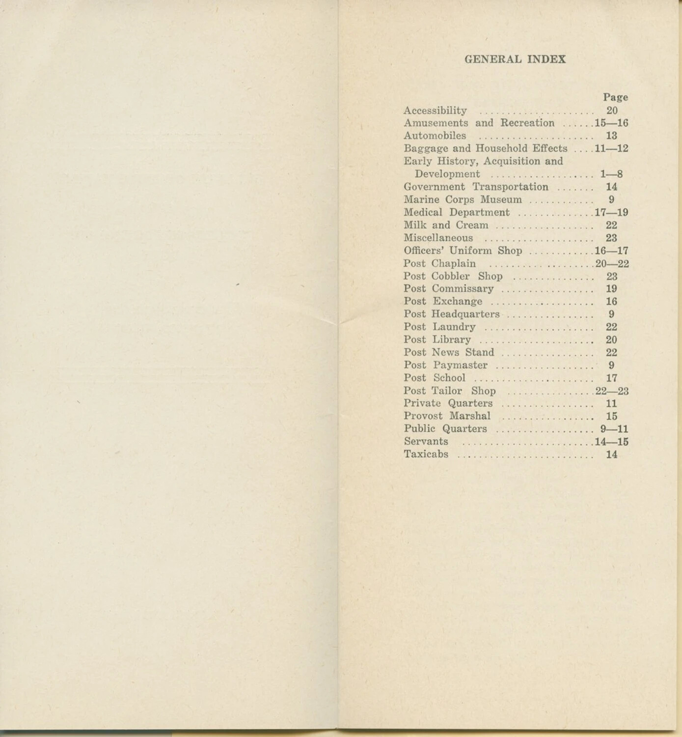 General Index Page from Marine Corps Post Orientation Booklet, McAleer Collection