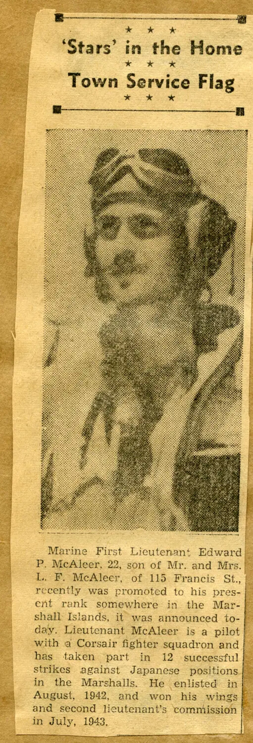 Newspaper Clipping: 'Stars in the Home Town Service Flag' - Marine 1st Lt. Edward P. McAleer, Corsair Pilot, WWII Marshall Islands Campaign