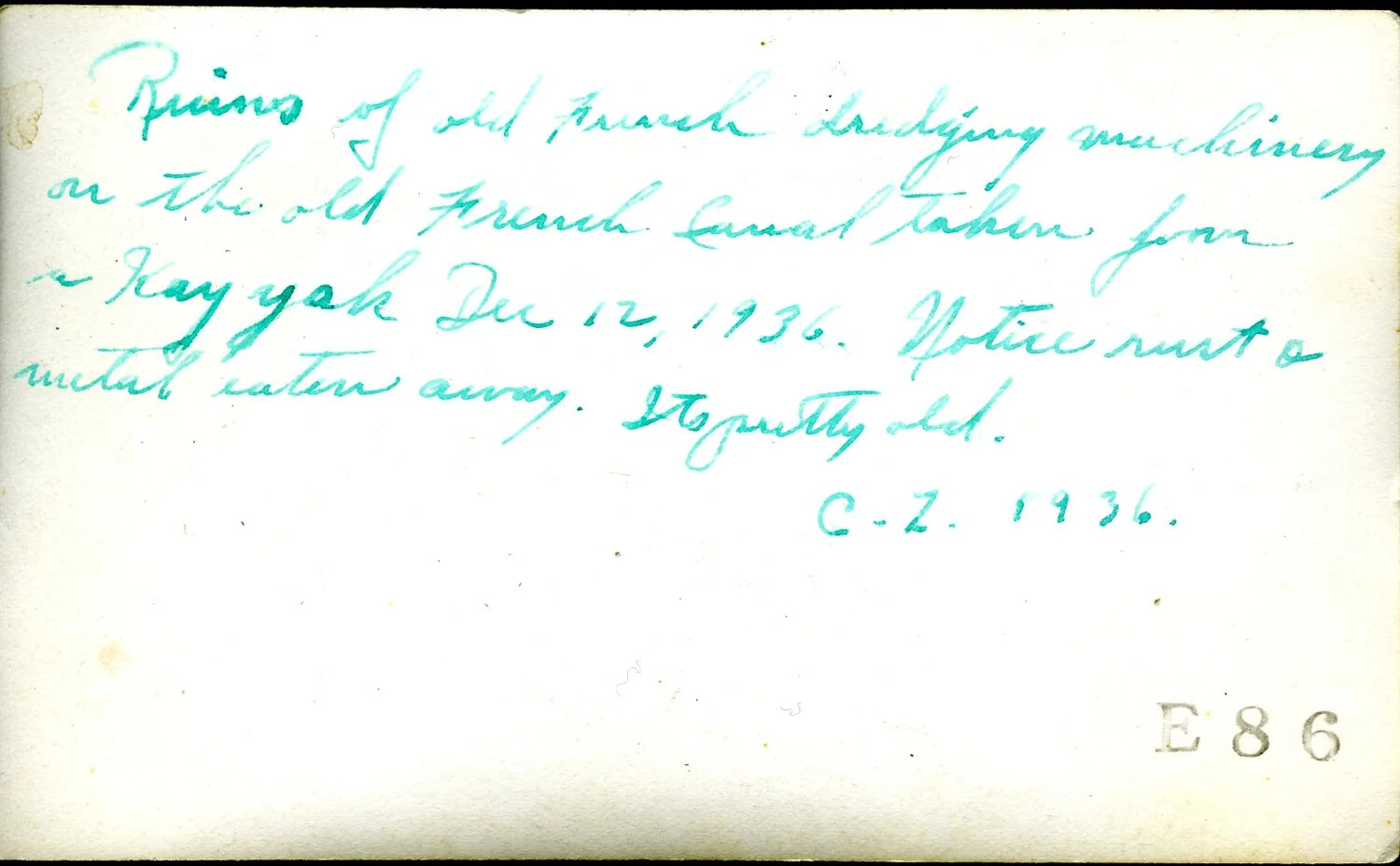 Verso Annotation: 'Ruins of Old French Dredging Machinery,' Panama Canal Zone, December 12, 1936