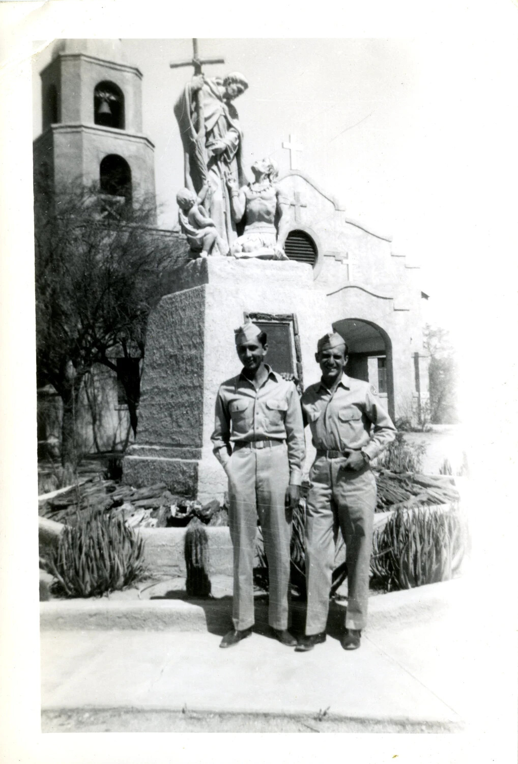 Two Servicemen at the Padre Garces Memorial Statue, St. Thomas Yuma Indian Mission, Arizona