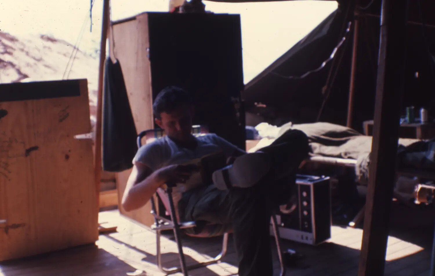 American Serviceman Relaxing in Tent Quarters, Cam Ranh Bay, Vietnam War Era