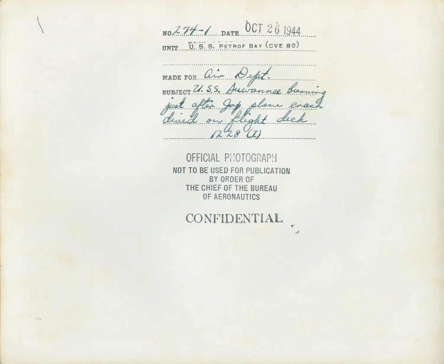 Official Navy Photo Caption Card: USS Suwannee Kamikaze Strike, 26 October 1944
