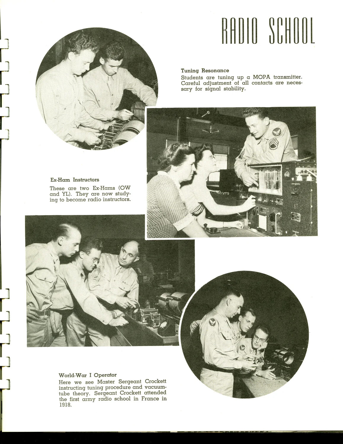 'Radio School' Composite Page — Ex-Ham Instructors, Tuning Resonance, and WWI Veteran Instructor, Scott Field