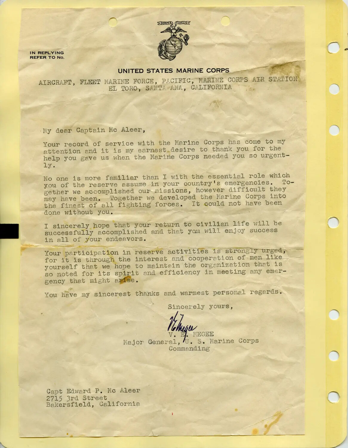 United States Marine Corps Letter of Appreciation to Captain Edward P. McAleer from Major General V. E. Megee