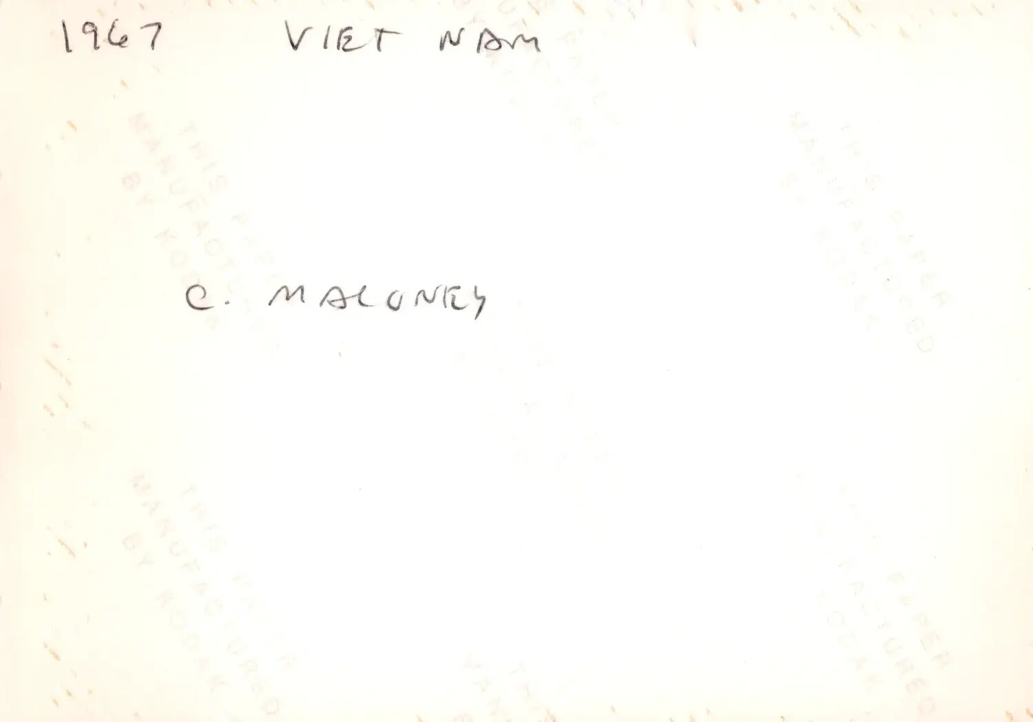 Verso of Vietnam War-Era Photographic Print, Annotated '1967 Viet Nam, C. Maloney'