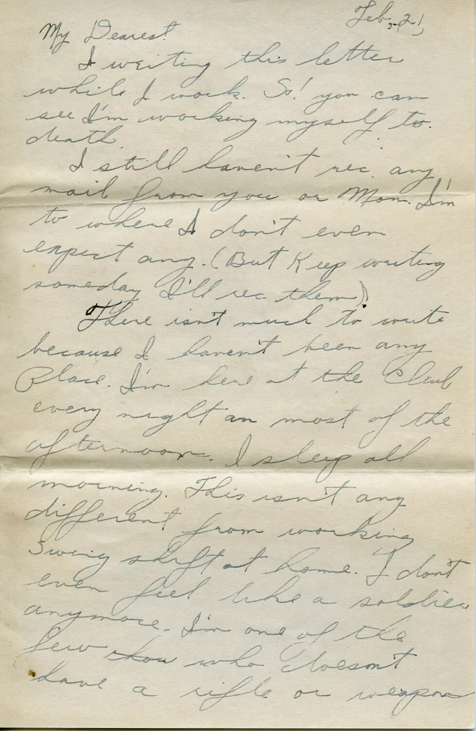 Handwritten WWII-Era Letter Page Dated 'Feb. 21,' Moon/Sammiet Correspondence Collection (Page 271)