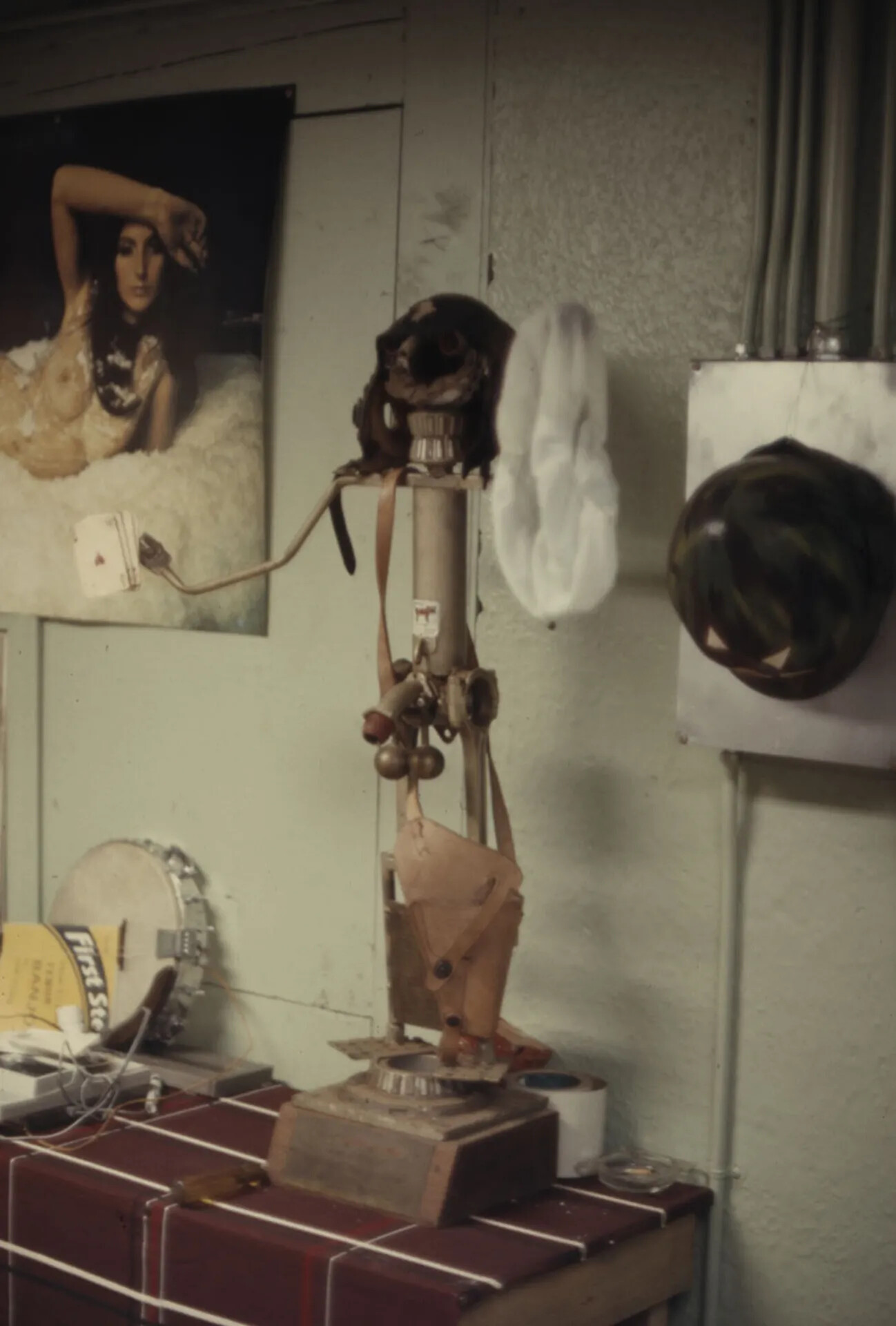 Barracks or Unit Shop Interior with Pin-Up Poster and Leashed Animal on a Pedestal Stand — Sharpened Duplicate Working Variant ('attempt 2'), Banner Project Discard