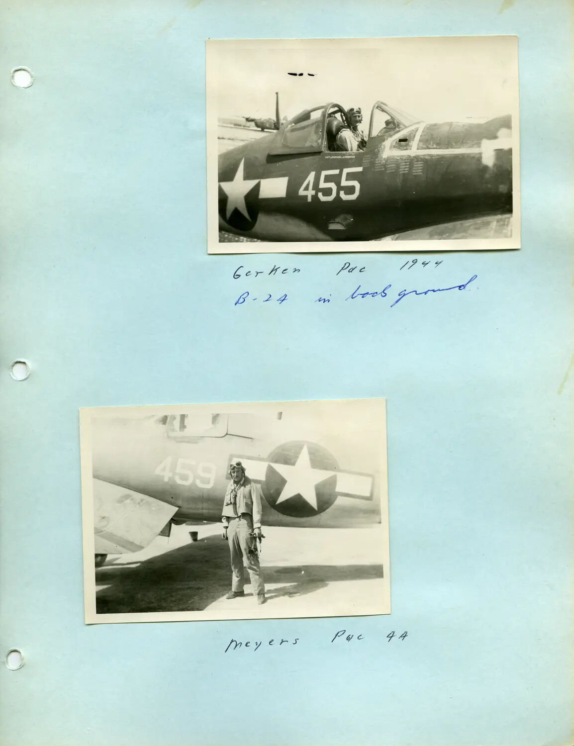 Album Page with Two Snapshots of USAAF Airmen 'Gerken' and 'Meyers,' Pacific Theater, 1944 -- McAleer Photo Album