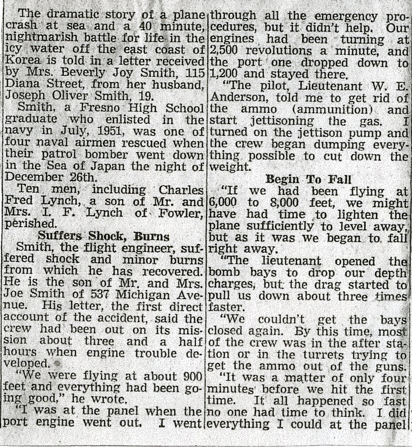 Newspaper Clipping: Navy Patrol Bomber Crash Survivor's Letter, Korean War, Sea of Japan