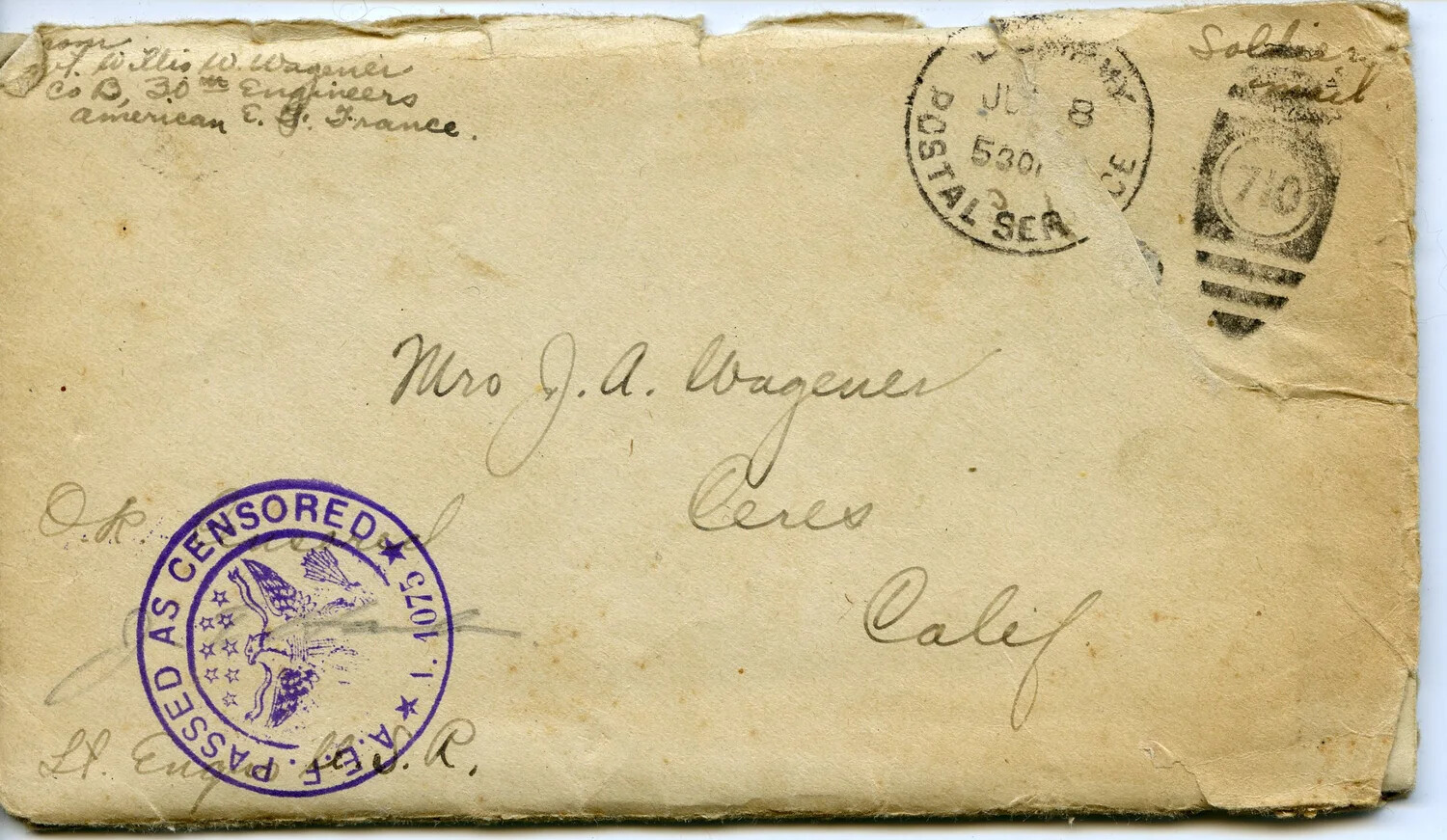 Censored WWI Soldier's Mail Envelope, Pvt. Willis W. Wagener, Co. D, 30th Engineers, A.E.F.
