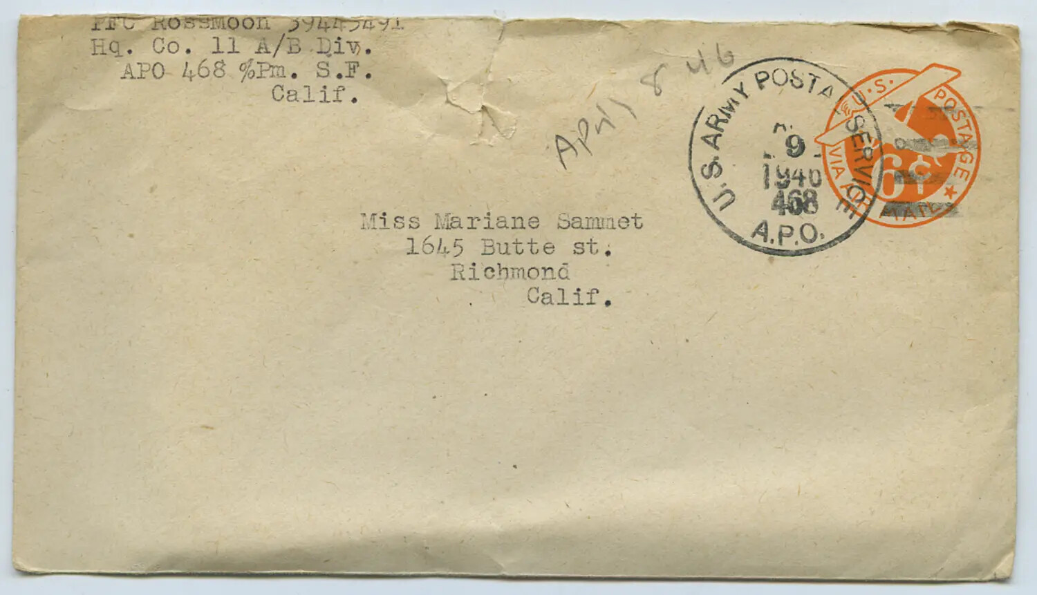 Military Mail Envelope, Pfc. Ross Moon (11th Airborne Division) to Miss Marianne Sammet, April 1946 (Moon-Sammet Collection)