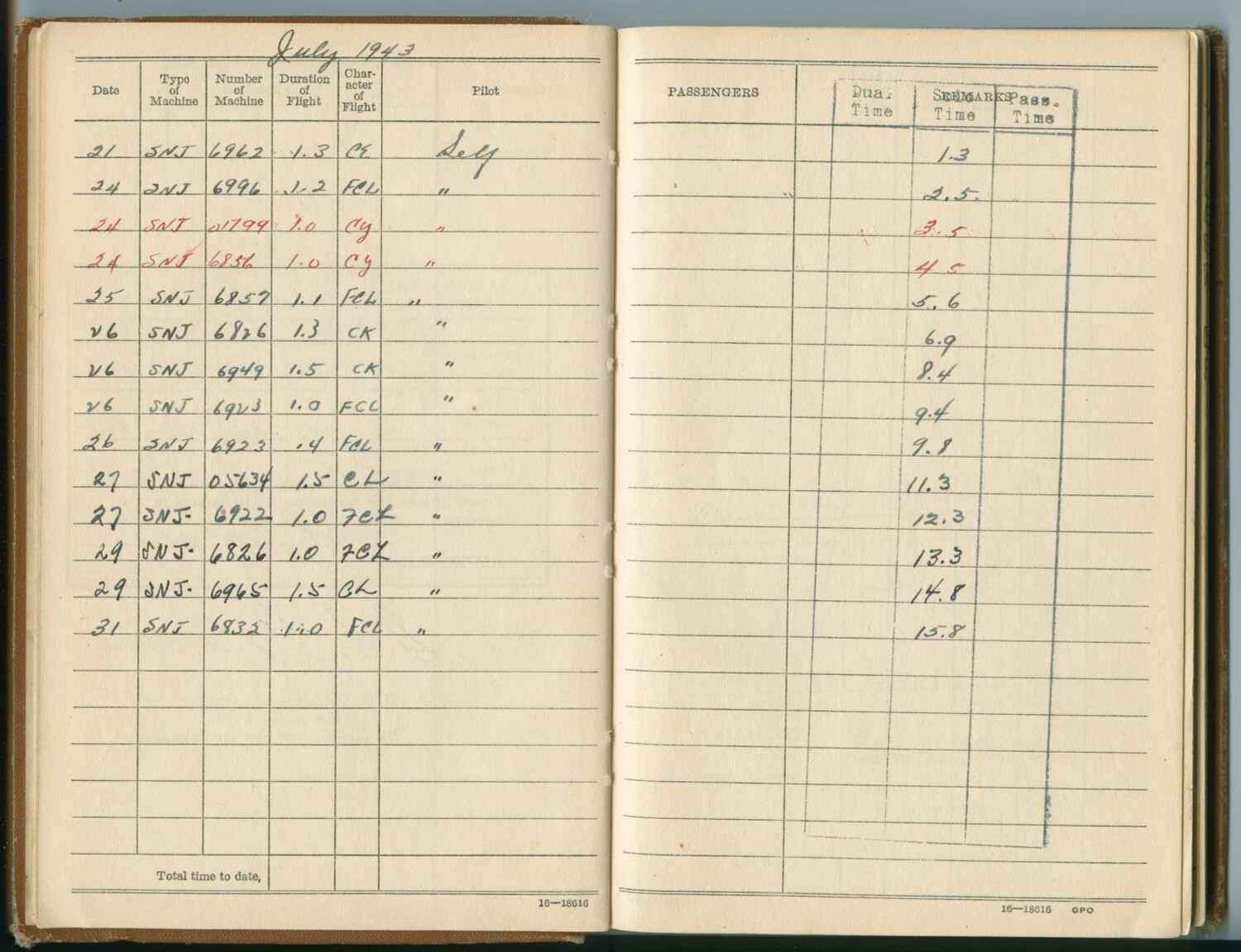 U.S. Navy Aviator's Flight Logbook, July 1943 -- Early SNJ Solo Training Flights, McAleer Log Book