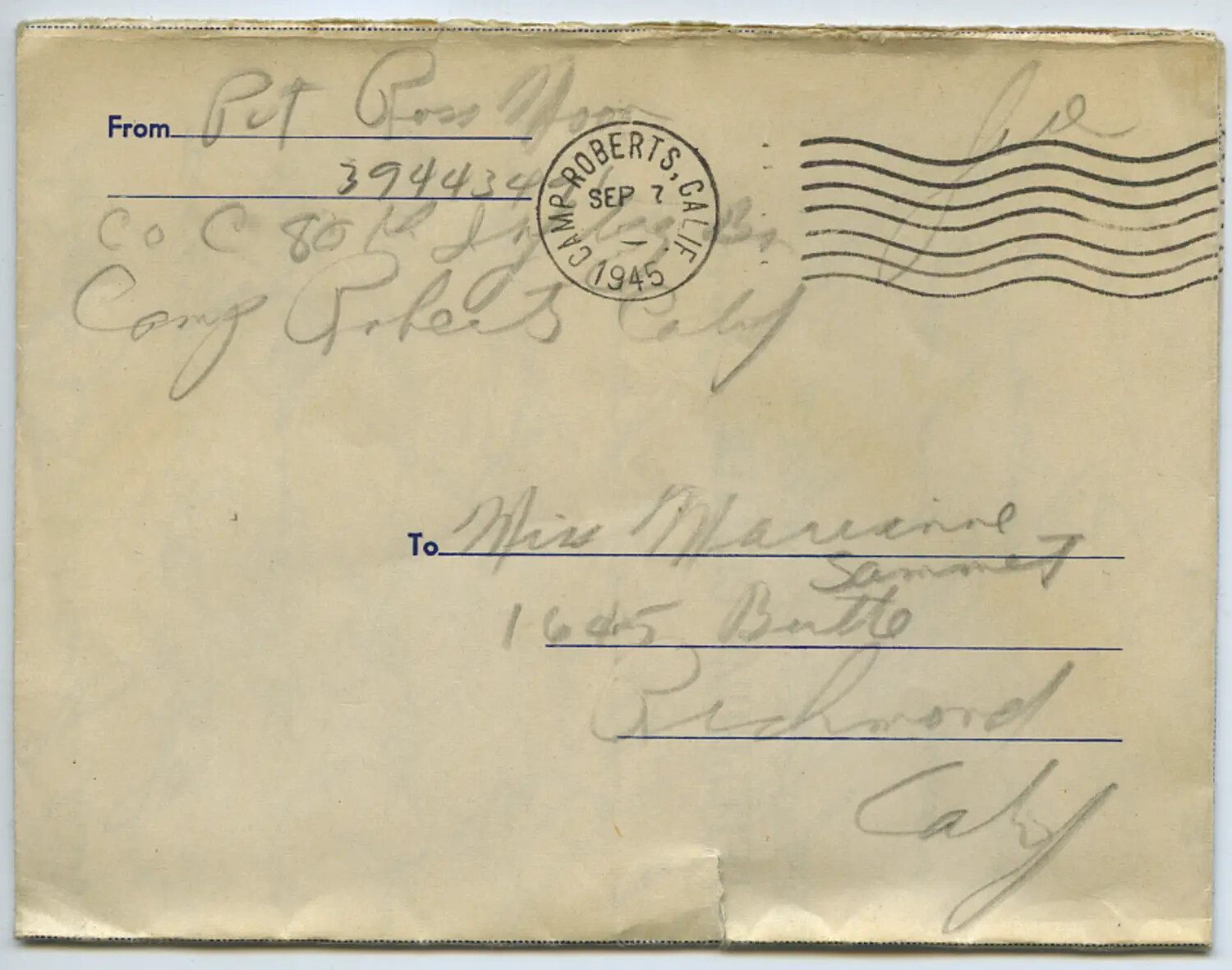 Envelope, Pvt. Ross Moon (Camp Roberts, CA) to Miss Marianne Sammet (Richmond, CA), Postmarked September 7, 1945