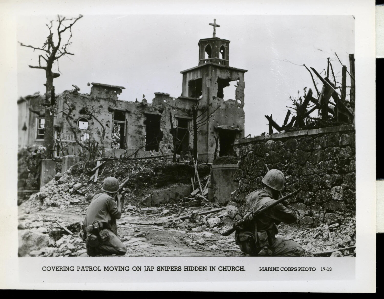 Marines Provide Covering Fire on Ruined Church Suspected of Concealing Japanese Snipers, Battle of Okinawa, 1945