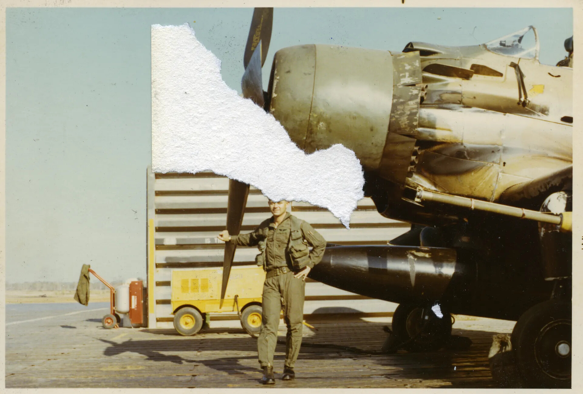 USAF Pilot Beside A-1 Skyraider at Nakhon Phanom RTAFB, Vietnam War Era (Damaged Print)