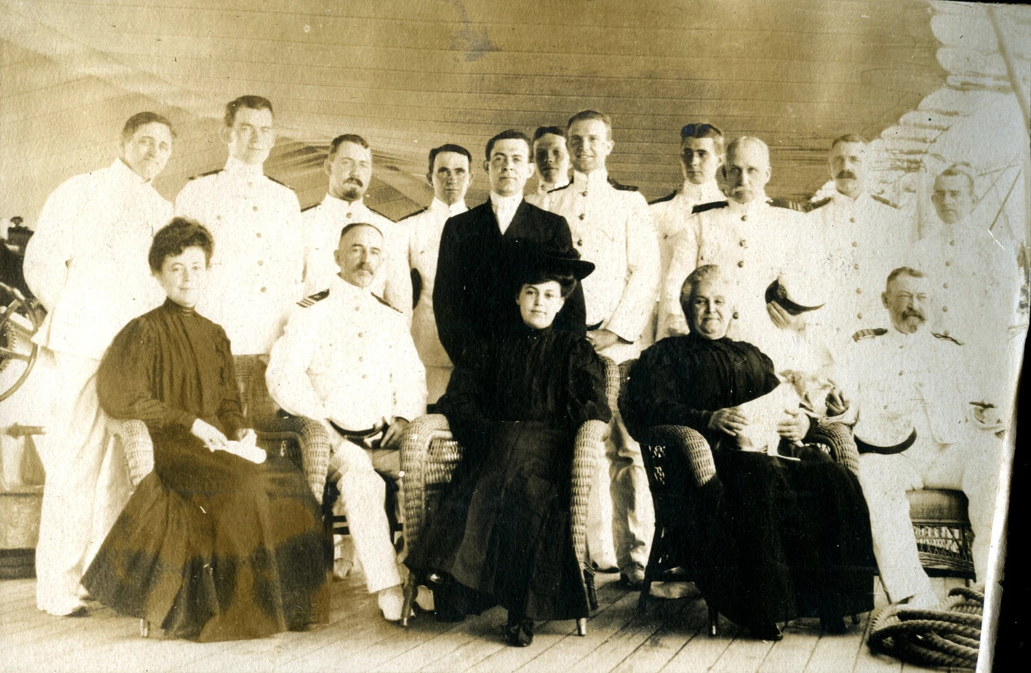 Officers and Civilian Party in Mourning Attire, USS Columbia Deck Portrait, c. 1904-1905