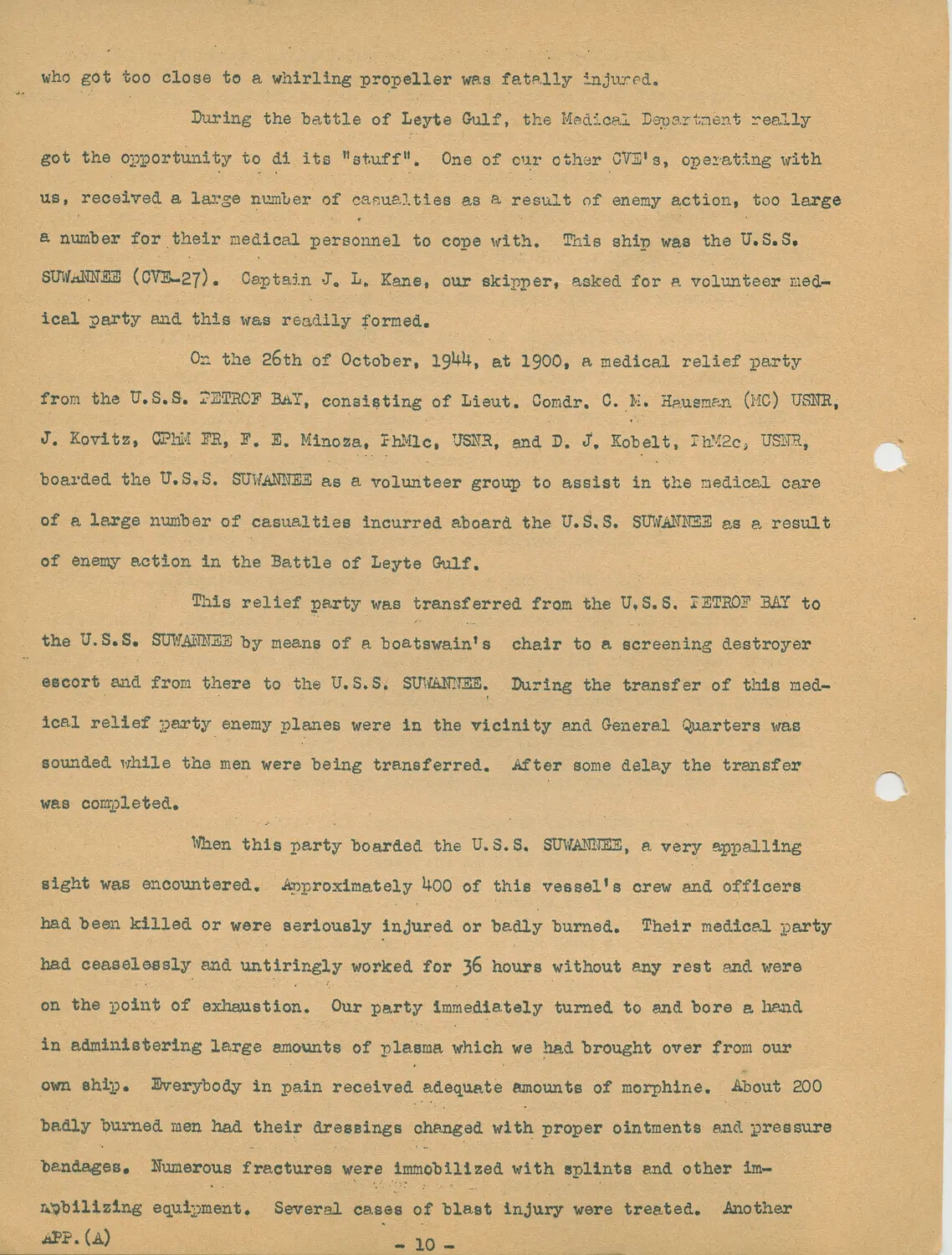 USS Petrof Bay (CVE-80) Ship's History, Appendix (A), Page 10 - Medical Relief Party Aboard USS Suwannee (CVE-27) During the Battle of Leyte Gulf