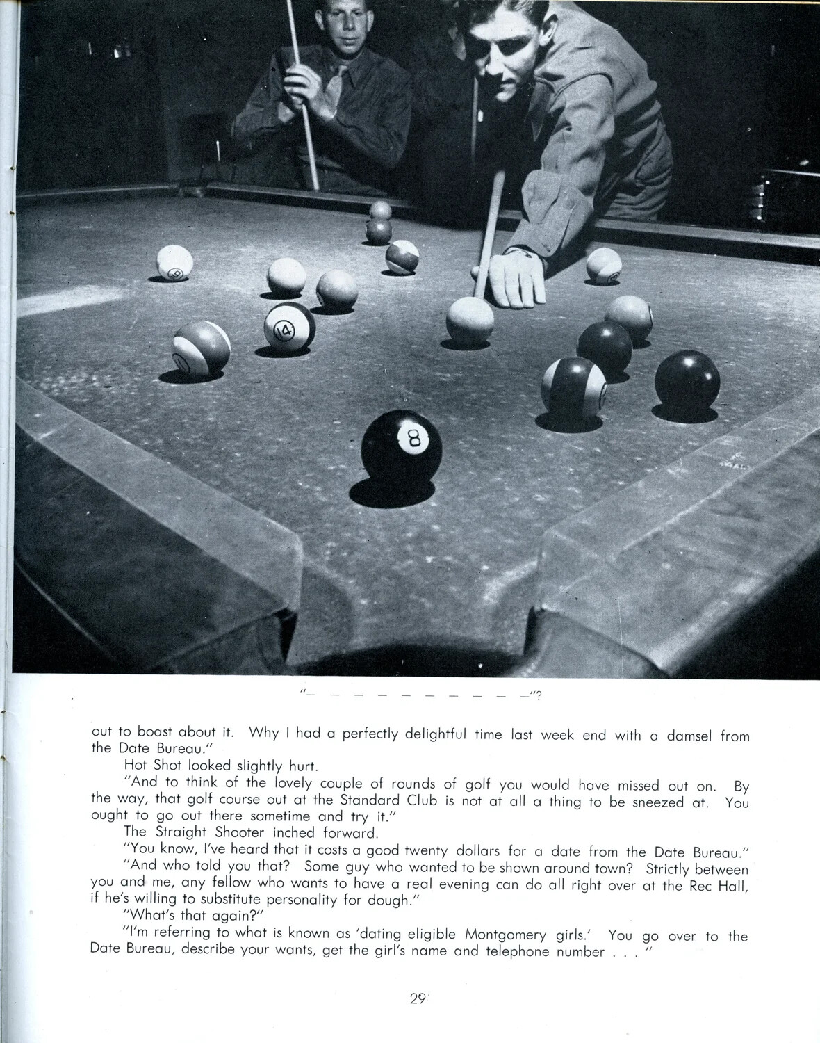 Printed Page from WWII Army Air Forces Pre-Flight Training Booklet, Page 29 — Recreation Hall Billiards and 'Date Bureau' Feature