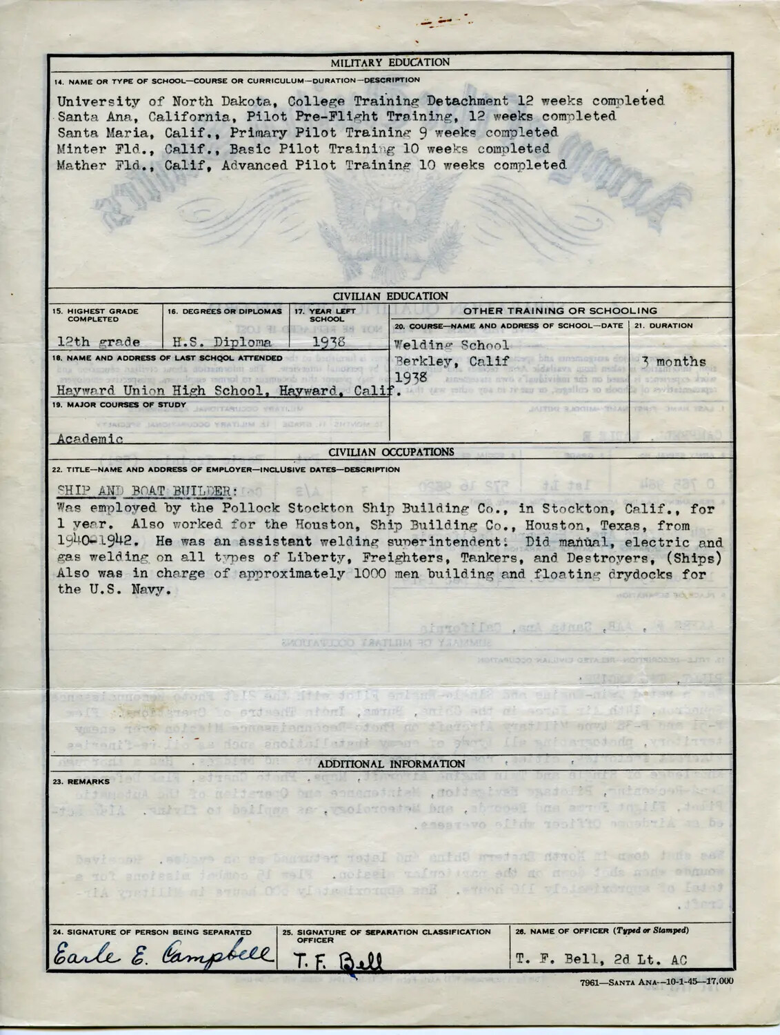 WWII USAAF Separation Qualification Record - Earle E. Campbell, Pilot Training and Civilian Occupation Summary