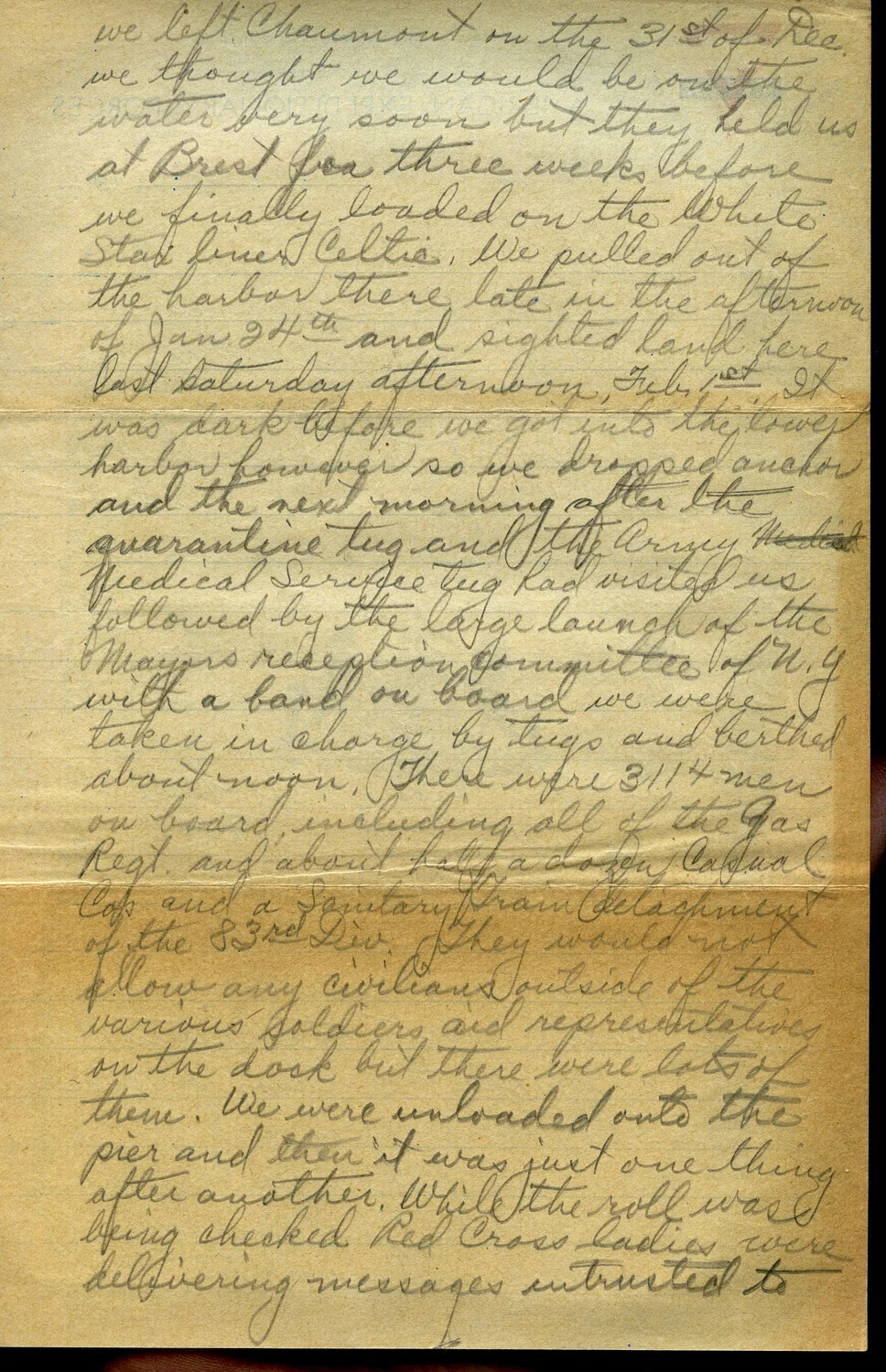 WWI Soldier's Letter Describing Homecoming Voyage Aboard SS Celtic, February 1919