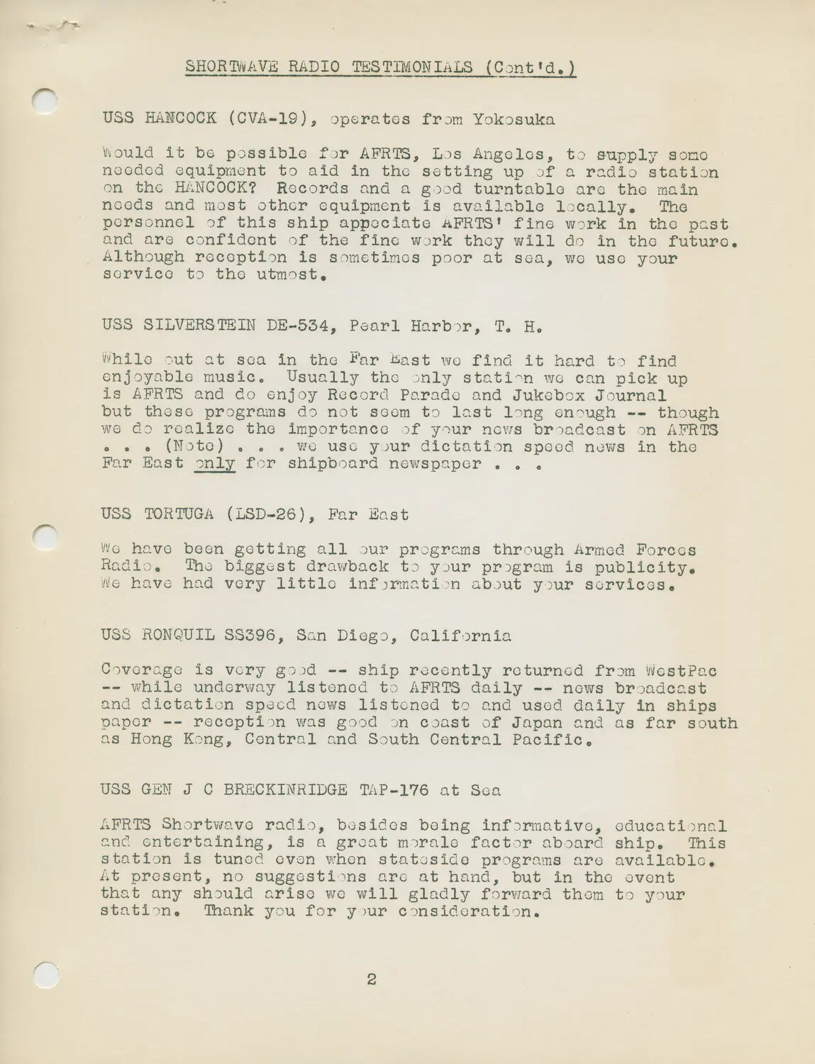 AFRTS Shortwave Radio Testimonials Document, Page 2 (Continued)