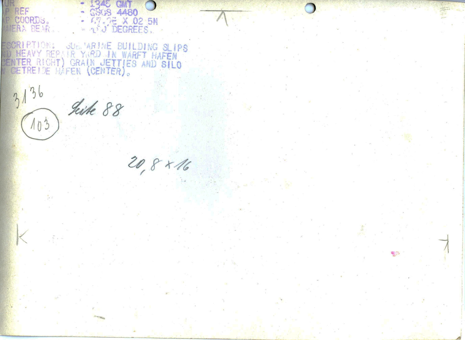 Reverse of WWII Aerial Reconnaissance Photograph — Submarine Building Slips, Warft Hafen and Getreide Hafen, Germany