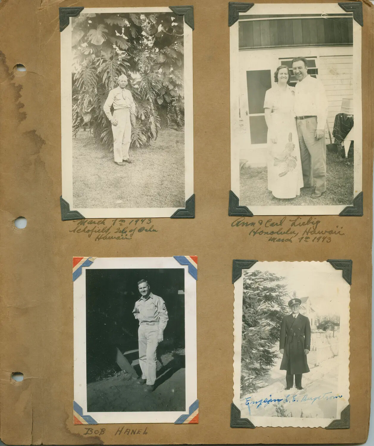 Photo Album Page: Four Snapshots — Schofield Barracks Soldier, Ann & Carl Liebig, Bob Hanel, and Ensign L.E. Bergstrom