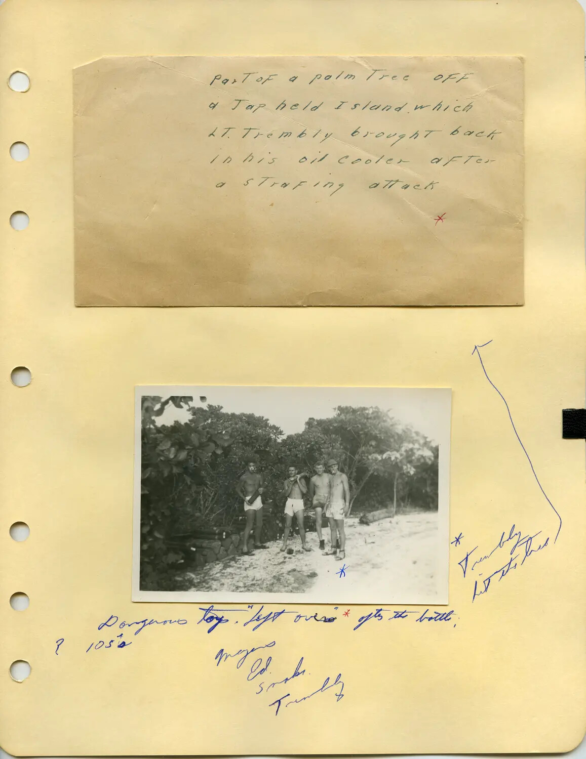 McAleer Album Page: Lt. Trembly Strafing-Damage Souvenir Note and Beach Snapshot, WWII Pacific
