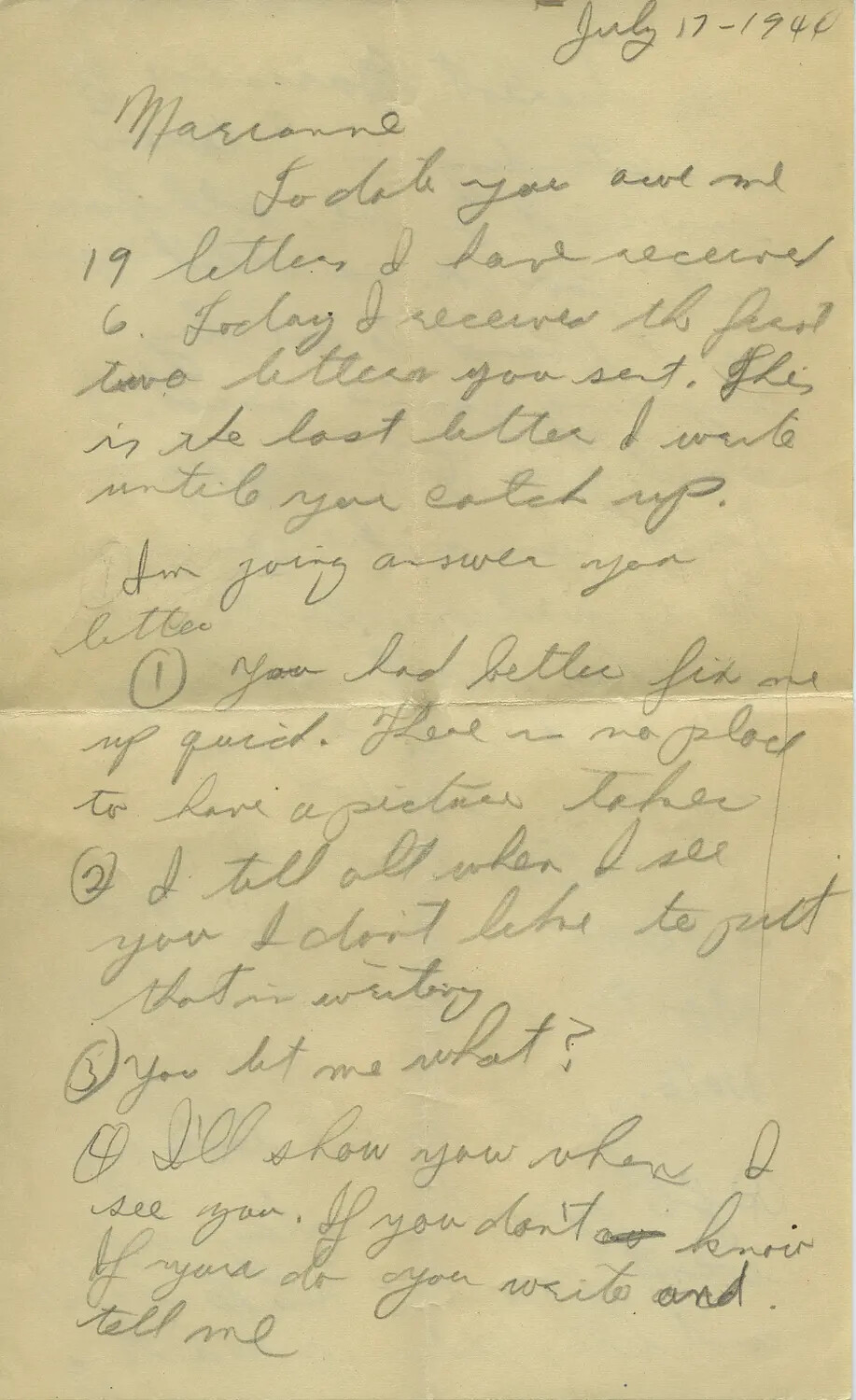 Handwritten Letter to Marianne, July 17th, Moon/Sammiet Collection