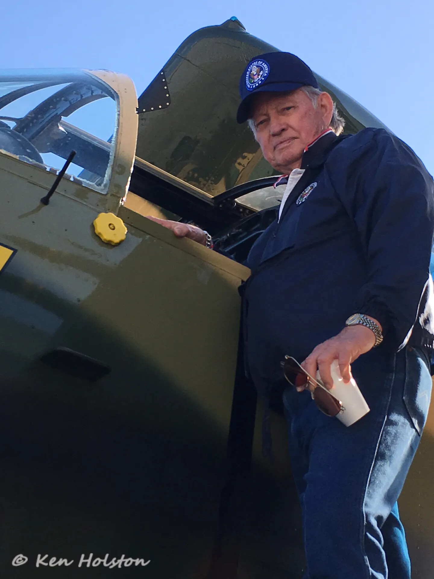 Veteran Airman at Cockpit of Restored Vintage Trainer Aircraft, Tailwind Day Event