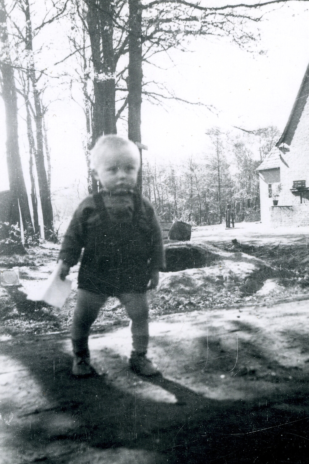 Toddler Standing Outside a European Farmhouse, WWII-Era Snapshot