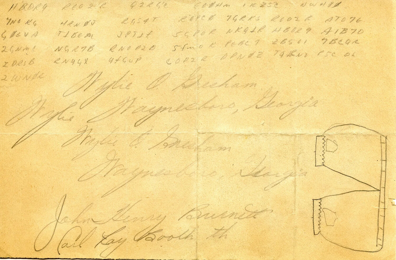 Notebook Page with Radio Call Signs, Practice Signatures, and Garment Sketch