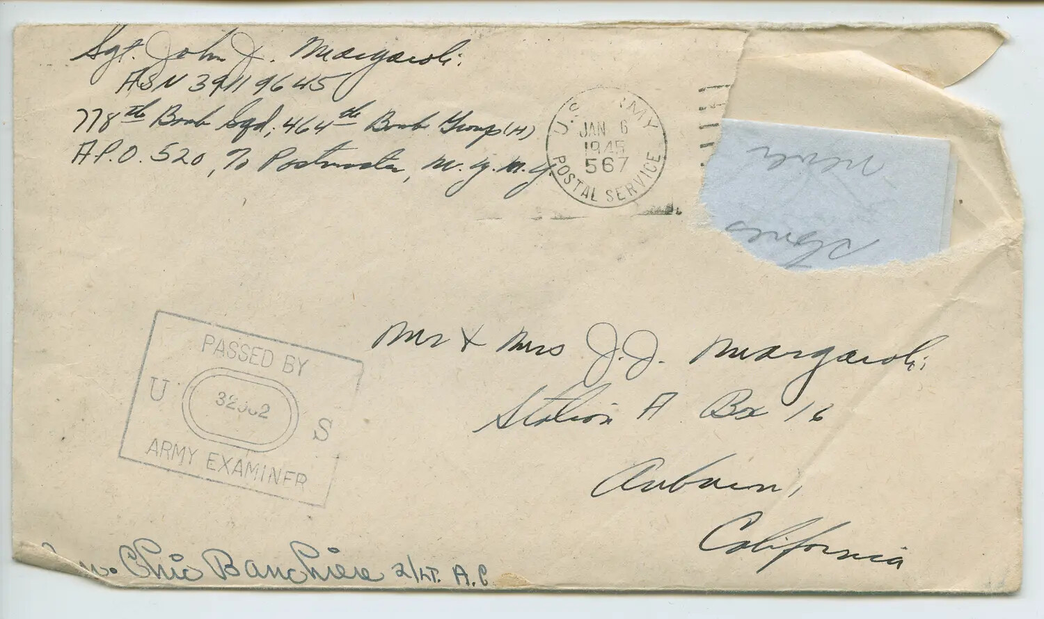 Censored WWII Military Mail Envelope, 778th Bomb Squadron, 464th Bomb Group (H)