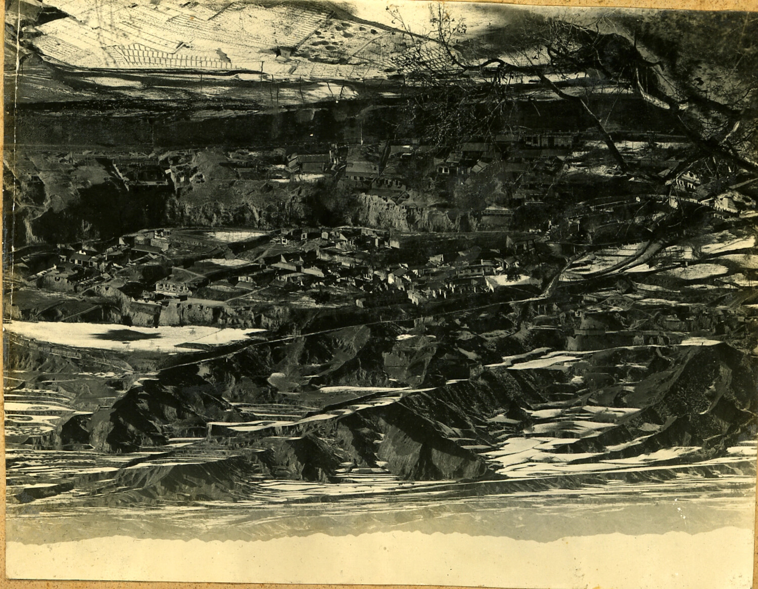 Degraded Panoramic View of a North China Village Valley (Damaged Print)