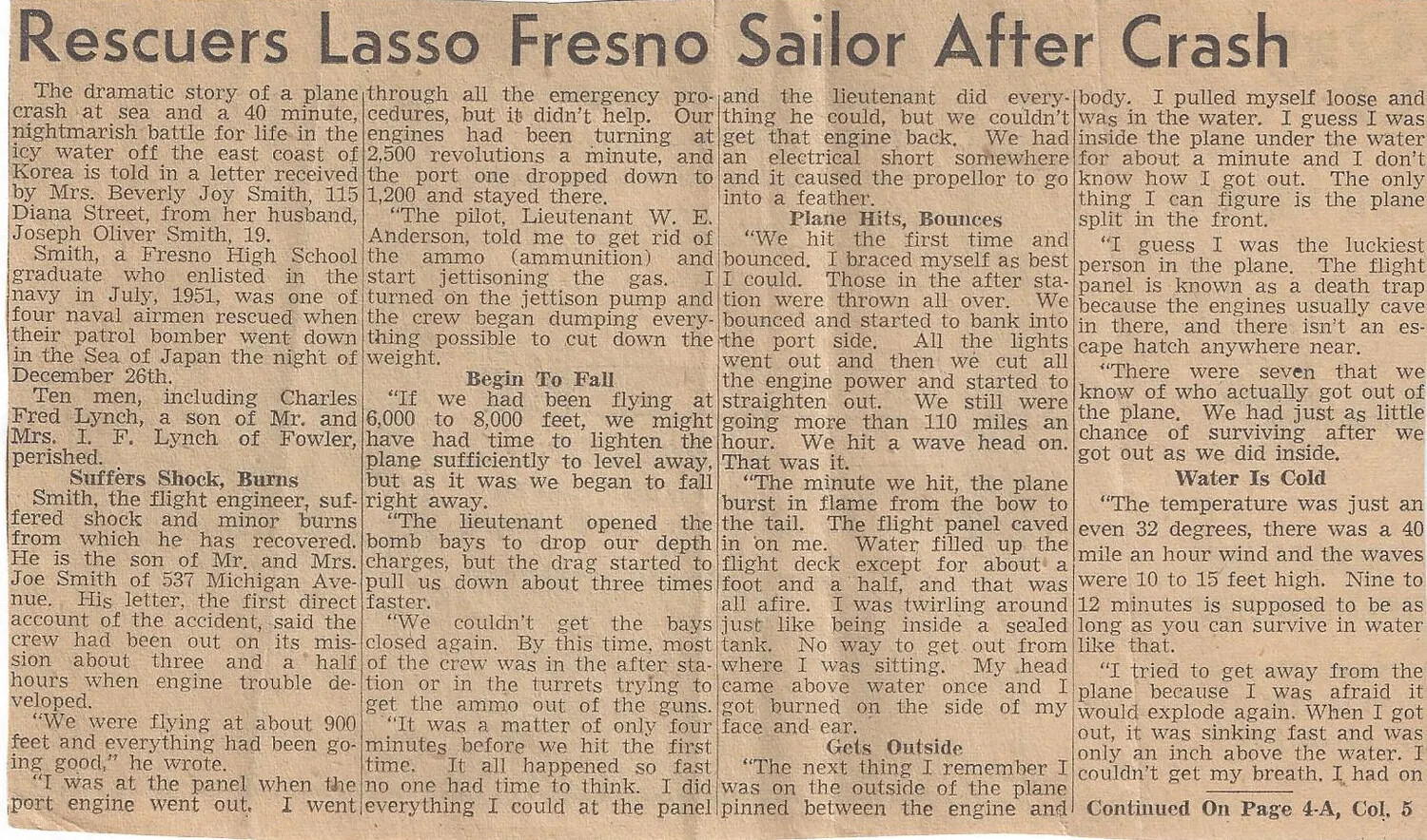 Newspaper Account of Korean War Navy Patrol Bomber Ditching, Sea of Japan, December 1952