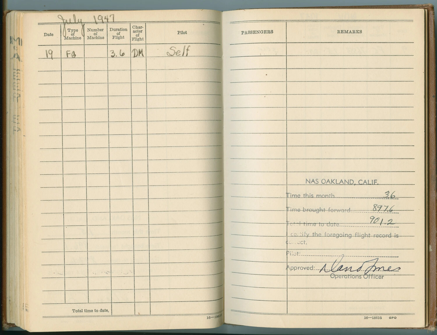 Naval Aviator's Flight Logbook Page - July 1947, NAS Oakland, California (McAleer Collection)