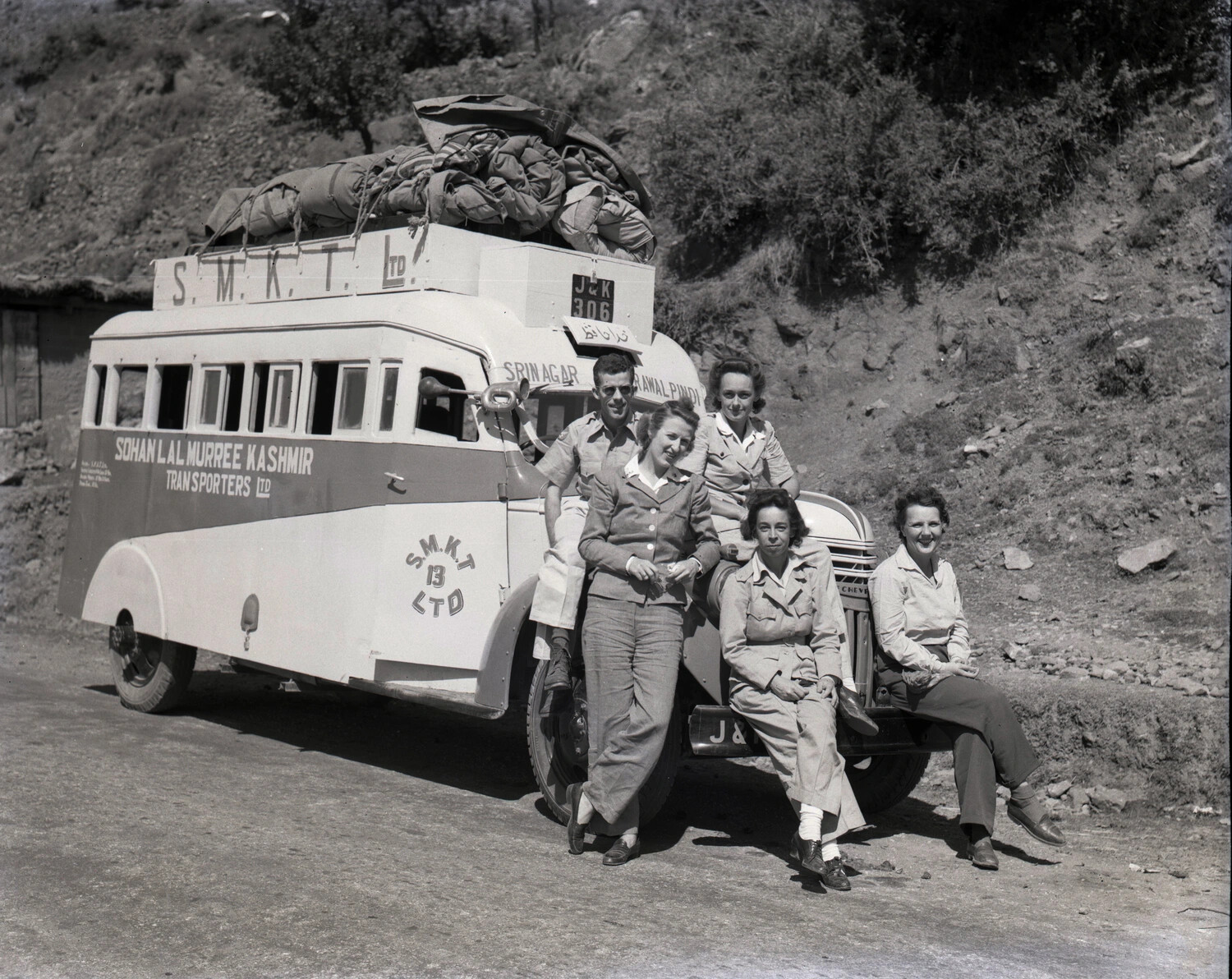American/Allied Personnel Posed with Kashmir Transport Bus, Srinagar-Rawalpindi Route, CBI Theater Era